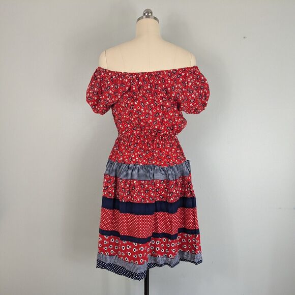 Vintage Dress Bandana Print Fit Flare Short Sleeve Patriotic July Navy Red M - Picture 4 of 11